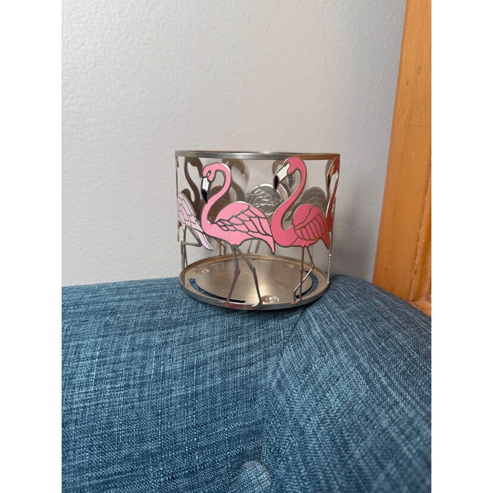 Bath & Body Works Pink‎ Flamingo Metal 3-Wick Candle Holder Sleeve Silver Tone